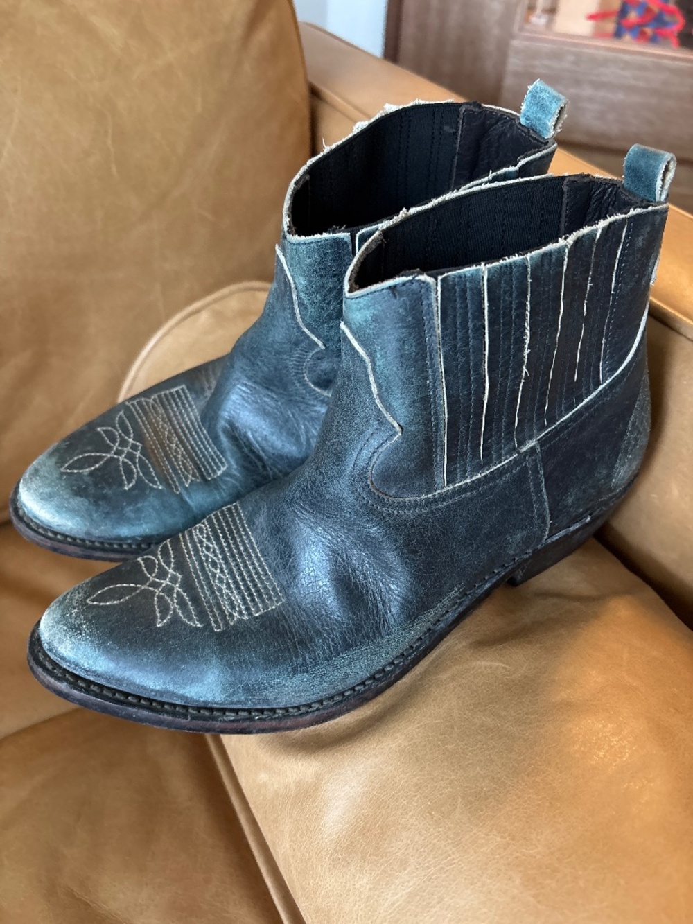Golden Goose Teal Leather Western Ankle Booties